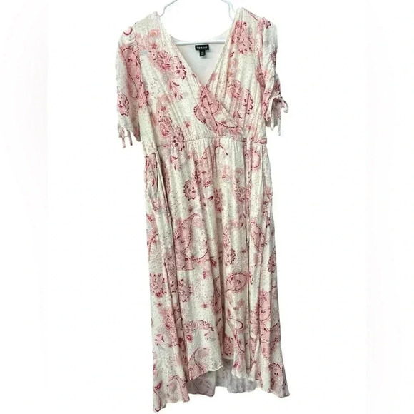 Torrid Pink Paisley Midi Swiss Linen Surplice Dress 00 (10) Faux Wrap High Low - Picture 1 of 16